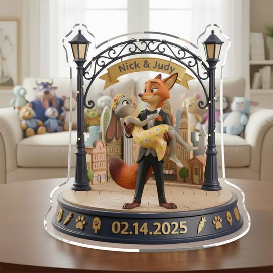 Nick and Judy Acrylic Plaque, Zootopia Couple Valentine Shaped Plaque, Cute 2D Printed Decor, Anniversary Gift