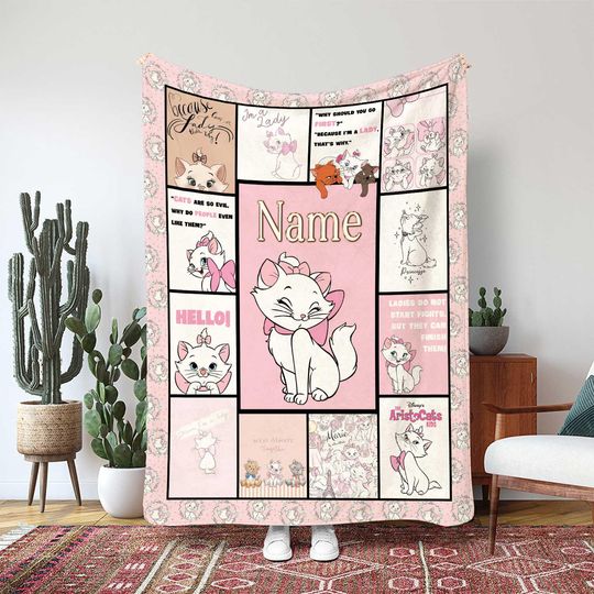 Discover Marie The Aristocats Blanket, Cute Pink Bow Kitten Gift, Picture Frame Marie Cat Character Blanket, Disney Cat Fashion Decor, DTA121