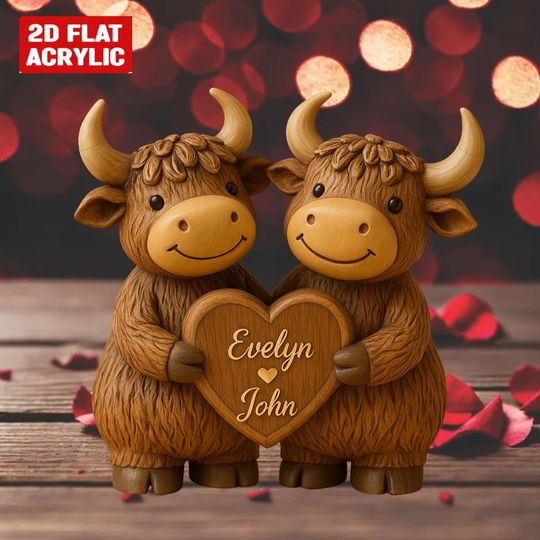 Personalized Cute Highland Cow Couple 2D Flat Acrylic Plaque, Custom Highland Cow Couple Standing Plaque, Wedding Anniversary Gifts Decor