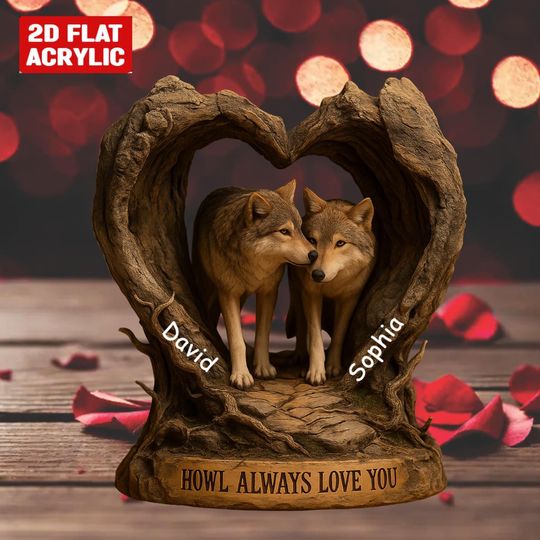 Personalized Wolf Couple Howl Always Love You 2D Flat Acrylic Plaque, Custom Wolf Couple Plaque, Wedding Anniversary Gift, Gift For Couples