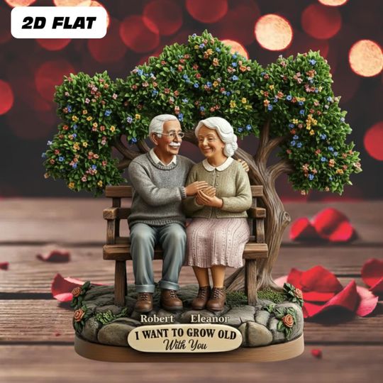 Personalized Couple I Want To Grow Old With You 2D Flat Acrylic Plaque, Custom Old Couple Plaque, Wedding Anniversary Gift, Gift For Couples