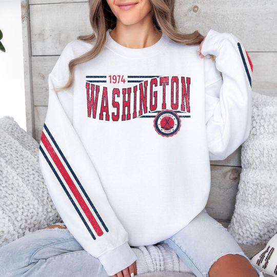 Discover Washington Hockey Vintage Crewneck Sweatshirt, Retro Capital Hockey Team Sweatshirt, Unisex Sleeve Print Distressed Hockey Shirt, Hockey Fan
