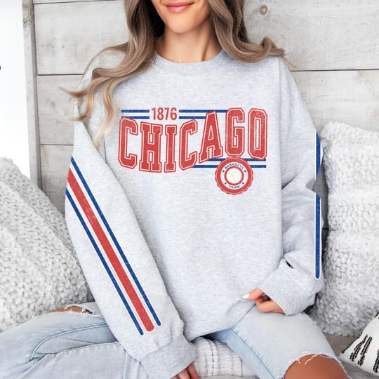 Discover Chicago Baseball Vintage Retro Sweatshirt, Unisex Cub Sleeve Print Crewneck, Throwback Style Sweatshirt, Gift for Chicago Baseball Fans