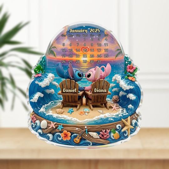 Custom Stitch And Angel Valentine Shaped Plaque, Disney Romantic Beach Couple Display, Personalized Unique Anniversary Decor Gifts