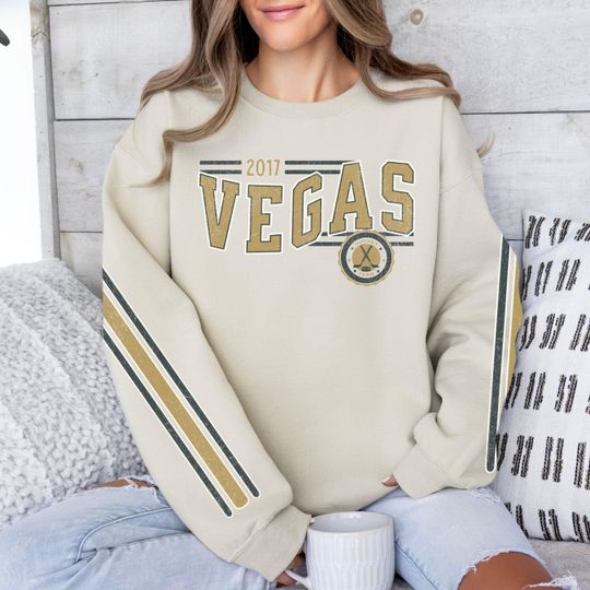 Discover Vegas Hockey Vintage Crewneck Sweatshirt, Retro Golden Knight Hockey Team Shirt, Unisex Sleeve Print Distressed Hockey Shirt, Hockey Fan