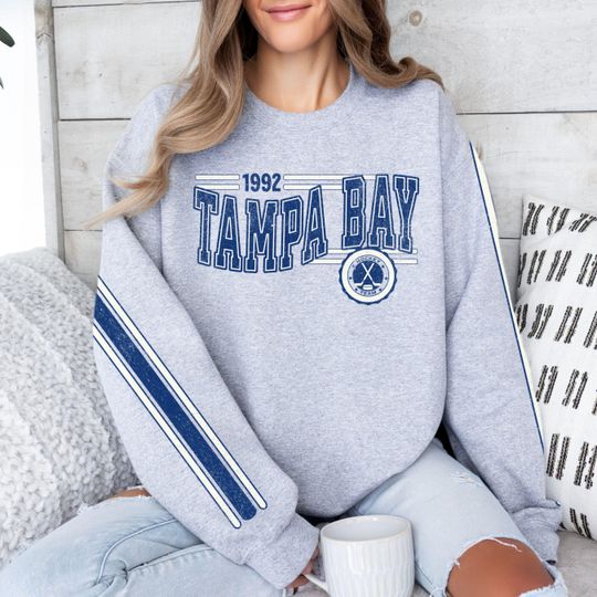 Discover Tampa Bay Hockey Vintage Crewneck Sweatshirt, Retro Lightning Hockey Team Sweatshirt, Unisex Sleeve Print Distressed Hockey Shirt, Fan Shirt