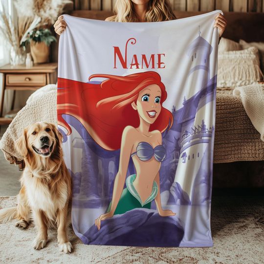 Discover Disney Mermaid Ariel Blanket, Flounder Fish Sebastian Crab Blanket, Magic Kingdom Birthday Blanket, Under The Sea Kids Decor, VTB624