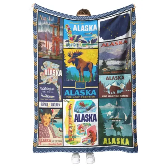 Discover Alaska Fleece Blanket, Soft Cozy Sherpa Throw, Warm Alaska Themed Blanket