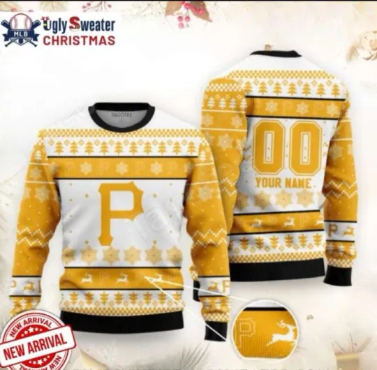 Custom Name White And Gold Pittsburgh Pirate Ugly Sweater