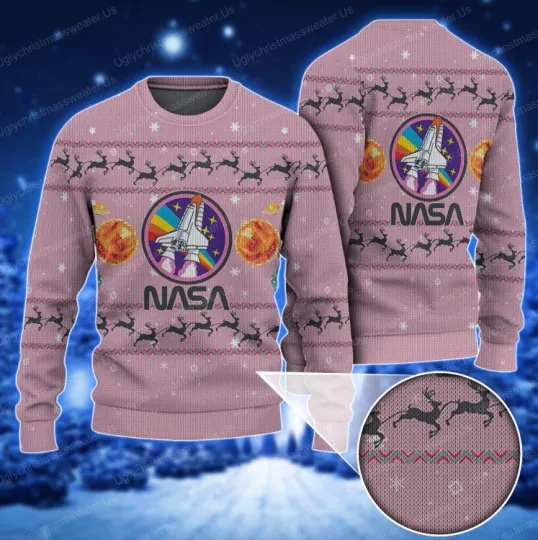 Pink Nasa Ugly Sweater With Moon Logo And Astronaut Delight