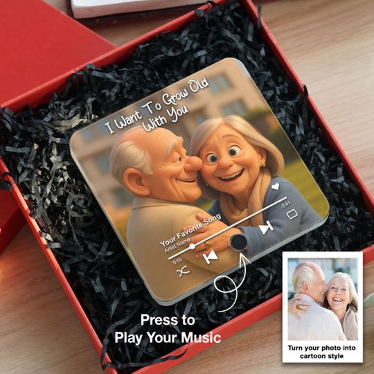 Discover I Want to Grow Old with You Cartoon Couple Personalized Music Fridge Magnet, Heartfelt 2025 Gift, Anniversary Gift For Couple, For Him, For Her, Husband, Wife