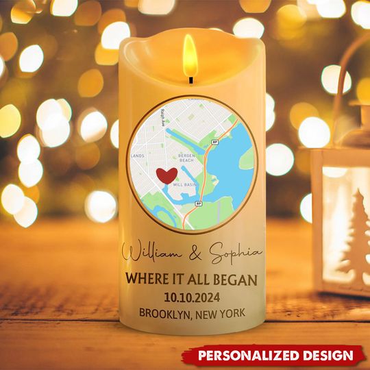 Discover Location Map Married Engaged Couples - Personalized Flameless LED Candle