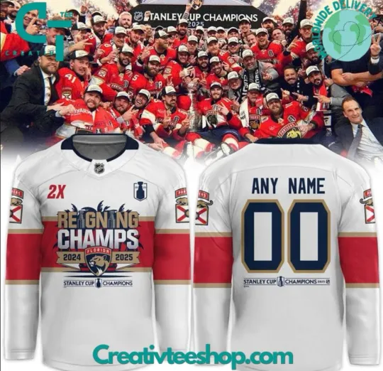 Discover Florida Panther 2025 Stanley Cup Champions Custom White Hockey Jersey