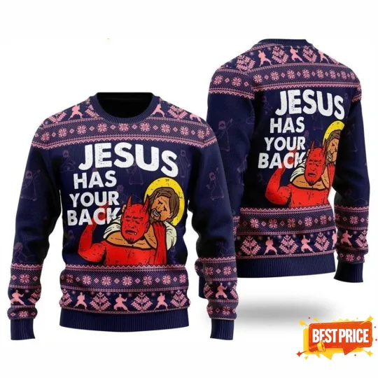 Discover Funny Jesus Has Your Back Ugly Christmas Sweater Size S-5XL