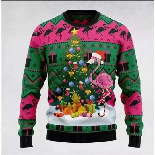 Flamingo Christmas Tree Ugly Christmas Sweater Tropical Holiday Gift S-5XL