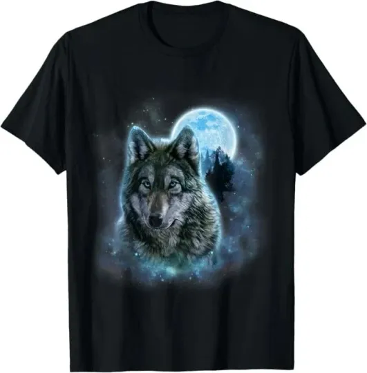 Grey Wolf Hunting Ground, Icy Moon, Forest, Galaxy T-Shirt Size S-5XL