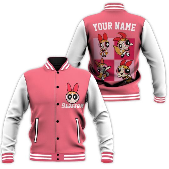Personalized Blossom Varsity Jacket, Cartoon  The Powerpuff Girls Baseball Jacket, Baseball Team Outfit