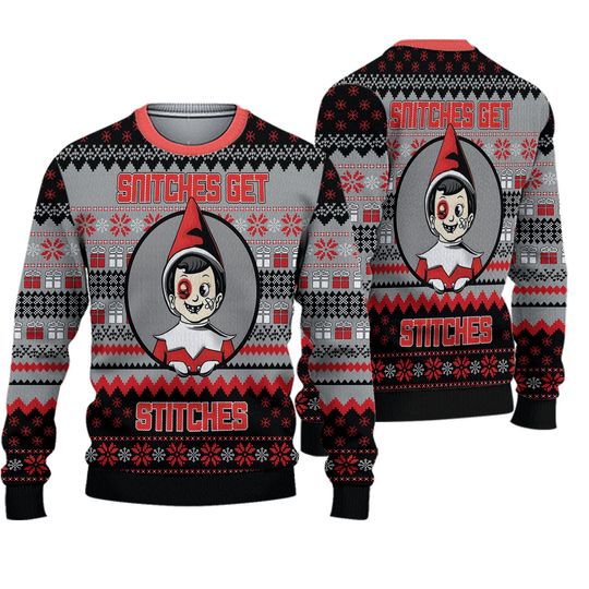 Snitches Get Stitches Elf On The Shelf Ugly Christmas Sweater Funny Holiday Party Pullover Sweater for Men Women Xmas Gift 2026