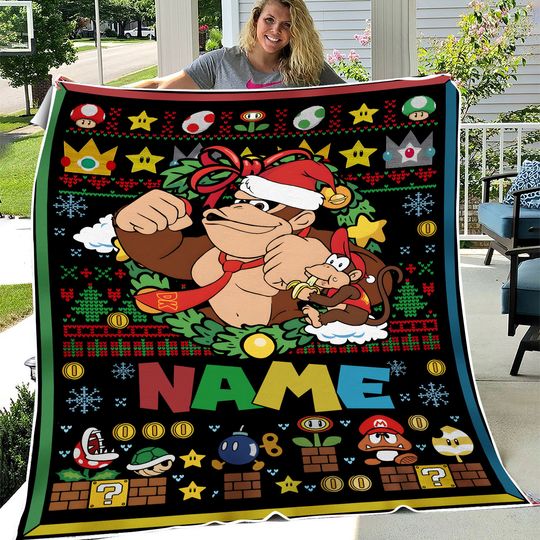 Super Mario Donkey Kong Ugly Christmas Blanket, Mario Luigi Bowser Ugly Blanket, Mario Video Game Blanket for Bed Couch Sofa