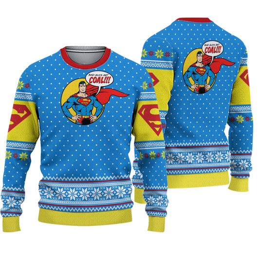 Superman Ugly Xmas Sweater, Bad Guys Get Coal Funny Holiday Gift for All