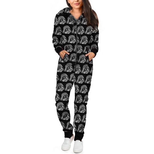 Vader Helmet Print on Black Unisex Adult One Piece Onesie Pajamas