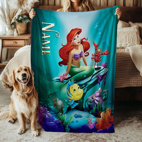 Discover Disney Mermaid Ariel Blanket, King Triton Sebastian Flounder Blanket, Disney Under The Sea Blanket, Mermaid Princess Kids Decor, VTB624