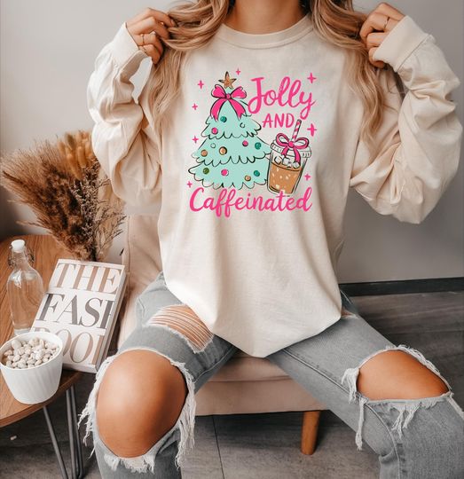 Discover Comfort Colors Jolly and Caffeinated Shirt, Christmas Coffee Lovers T-Shirt, Funny Christmas Tree Sweatshirt, Christmas Coffee Lovers Gift