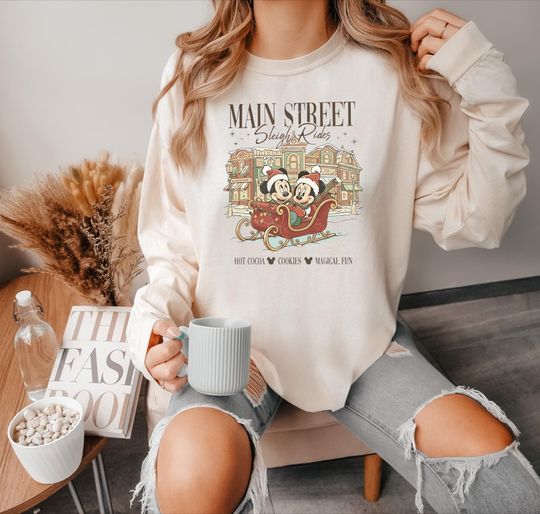 Discover Comfort Colors Vintage Main Street Sleigh Rides Shirt, Disney Christmas T-Shirt, Mickey & Minnie Couple Sweatshirt, Disney Holiday Xmas Tee