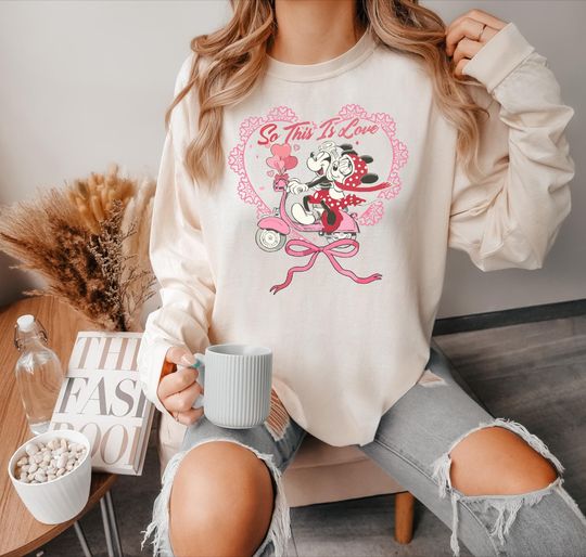Discover Comfort Colors Mickey and Minnie So This Is Love Shirt, Disney Couple Matching T-Shirt, Valentine Pink Bow Sweatshirt, Valentine's Day Gift