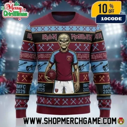 Discover 1Iron Maiden x West1 H.am Ugly Christmas Sweater Eddie Football Mascot
