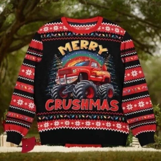 Discover Merry Crushmas Monster Truck Ugly Christmas Sweater Full Sizes XS-5XL