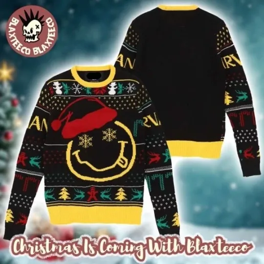 Discover Nirvana Smiley Face Big Logo With Santa Hat Holiday Vibe Ugly Christmas Sweater