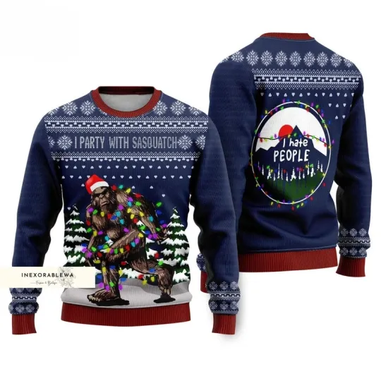 Discover Bigfoot Ugly Christmas Sweater, I Party With Sasquatch, Camping Xmas Gift