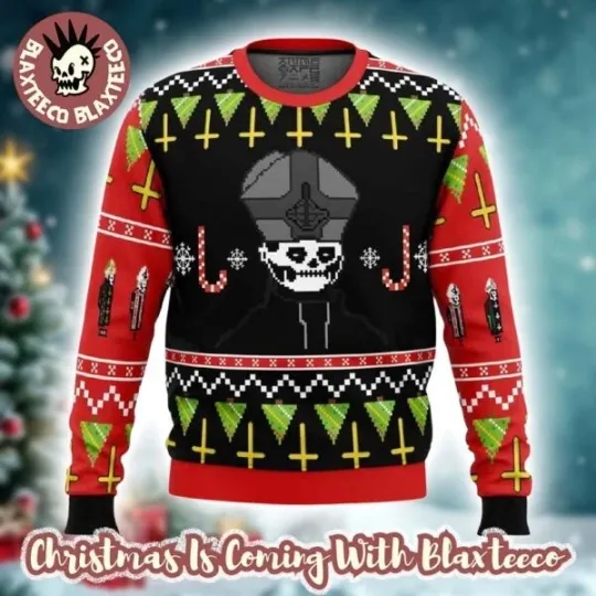 Discover Ghost Band Papa Emeritus Funny Holiday Pixel Ciby Ugly Christmas Sweater