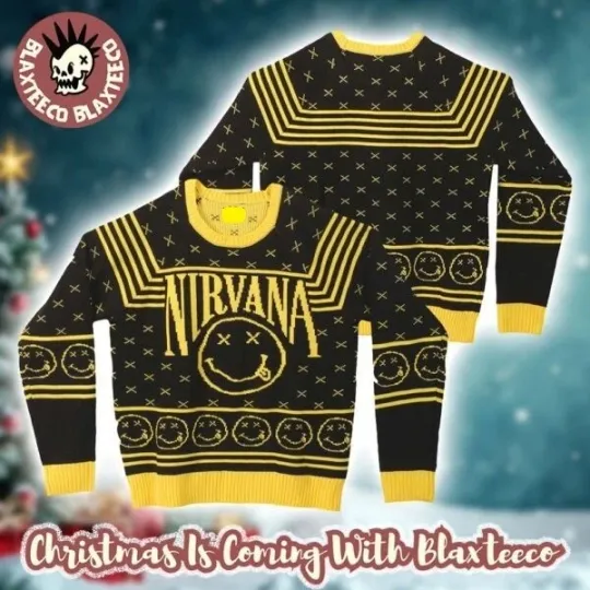 Discover Nirvana Smiley Big Logo Signature Black And Yellow Ugly Christmas Sweater