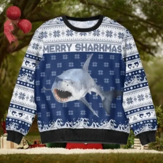 Discover Merry Sharkmas Shark Lover Ugly Christmas Sweater Full Sizes XS-5XL