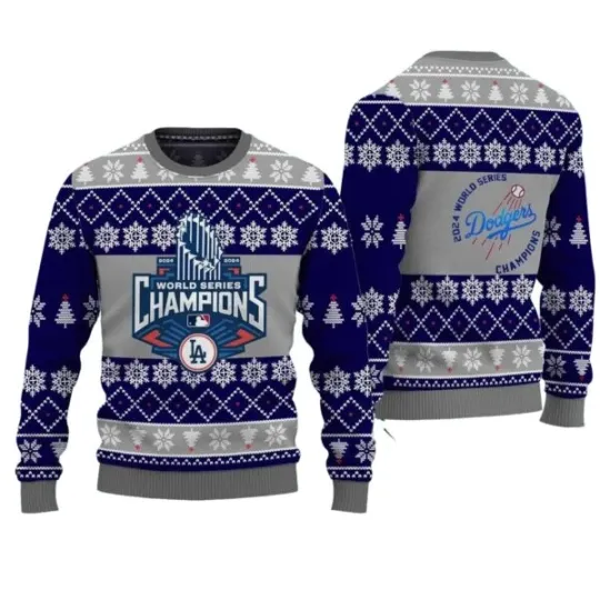 Discover 2024 L**A Dod--gers World Series Champions Snowflakes Ugly Christmas Sweater