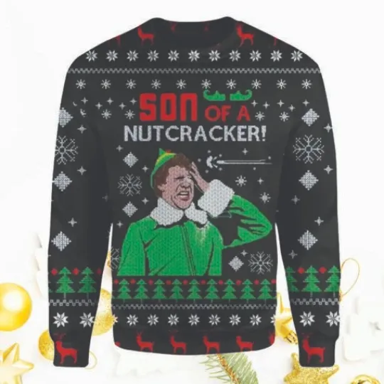 Discover Son of a Nutcracker Elf Funny Snowflake Ugly Christmas Sweater Full Sizes XS-5XL
