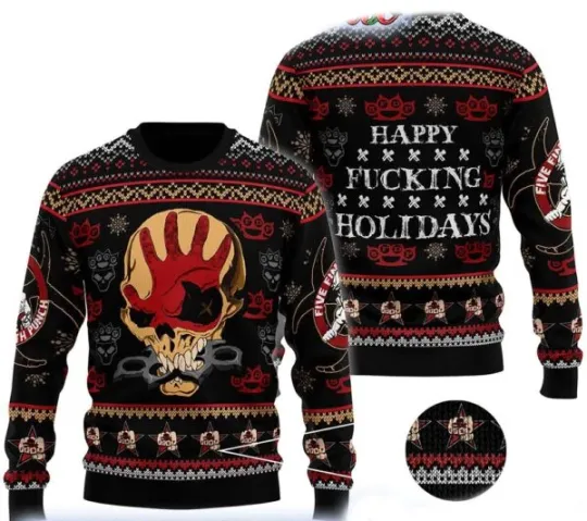 Discover Five Finger Death Punch Skull Happy Fcking Holiday Ugly Christmas Sweater XS-5XL
