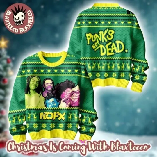 Discover NOFX Punks Is Not Dead Holiday 2025 Knitted Green Ugly Christmas Sweater