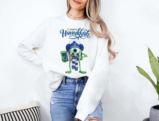 Discover Monsters Inc Mike Wazowski Happy Hanukkah Sweatshirt, Festival of Lights Party T-Shirt, Disney Family Trip Gift