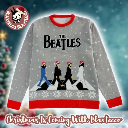 Discover The Beatles Abbey Road Santa Hats Snowy Street Grey Ugly Christmas Sweater