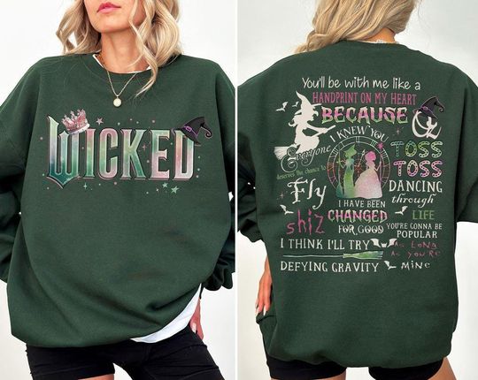 Discover Wicked Movie 2-Sided Sweatshirt, Defy Gravity Broomstick & Magic Wand Sweatshirt, Witch Pink and Green Shirt