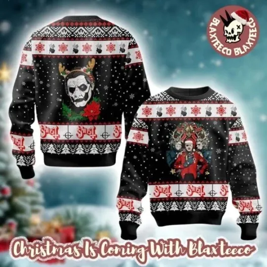Discover Ghost Band Reindeer Under Snowy Night Holiday 2025 Ugly Christmas Sweater