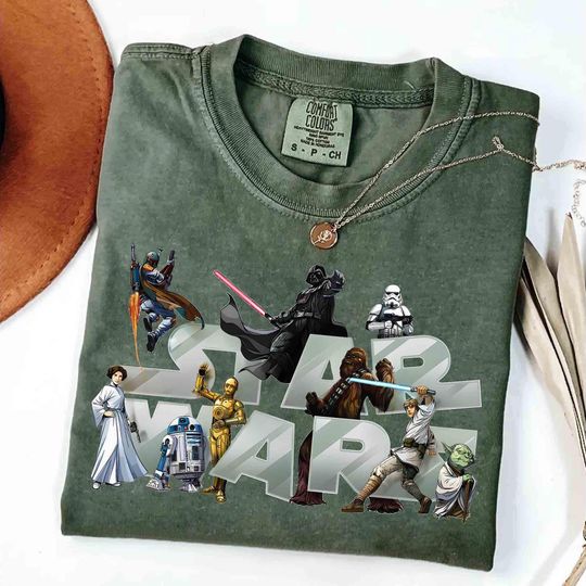 Discover Comfort Colors Star Wars Characters Group Shirt, Darth Vader Leia Han Solo R2D2 C3PO Chewbacca Tee, Galaxy's Edge Family Disney Trip 2025