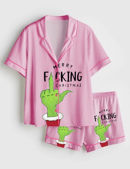 Discover Women's Pink Christmas  Pajama Set with Short Sleeves and Character Print