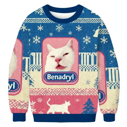 Discover Funny Benadryl Meme Cat Christmas Ugly Sweatshirt, Ugly Christmas Sweater