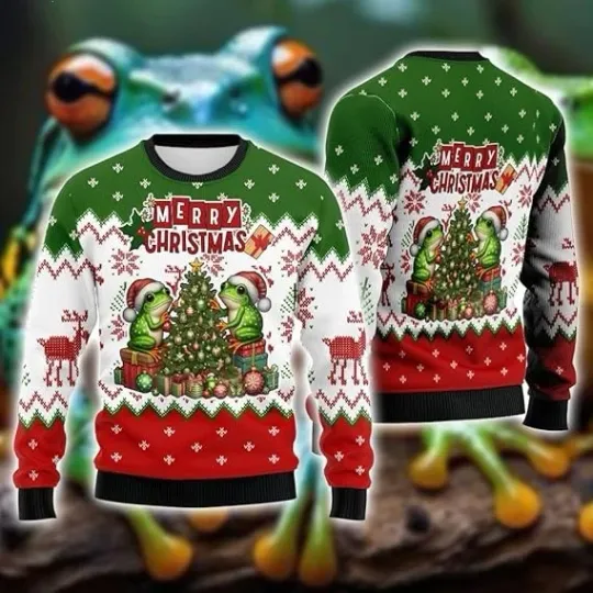 V-DECORPARKS Green Frog Ugly Christmas Sweater for Women, Frogmas Mens Funny Ugl