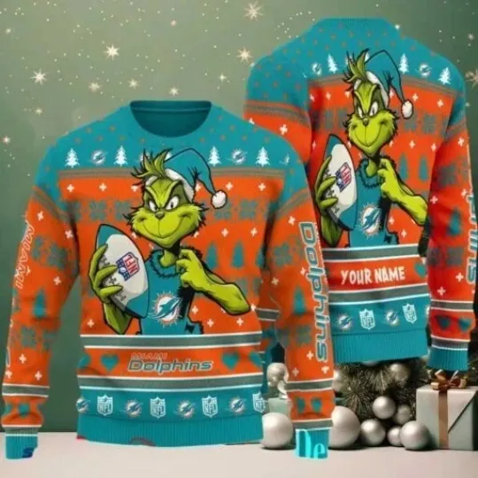 Dolphins funny character Stole With Ball Grin Football Team Ugly Christmas Sweater