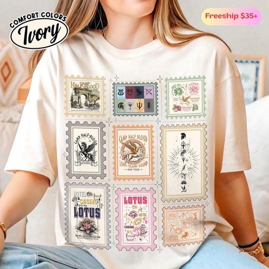 Discover Comfort Colors Percy Jackson and The Olympians Books Stamp T-Shirt, Camp Half-Blood, Heroes of Olympus